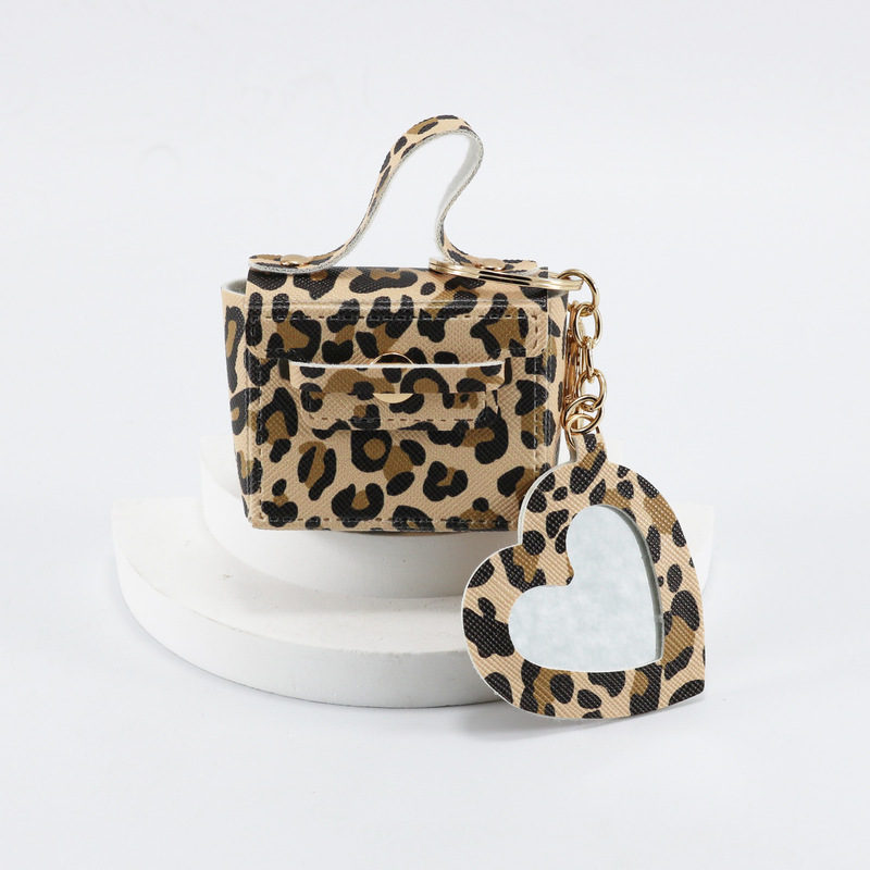 Leopard Print Small Square Bag Keychain Pendant Pu Leather Heart Mirror Coin Purse Jewelry Bag Pendant Environmentally Friendly Fabric