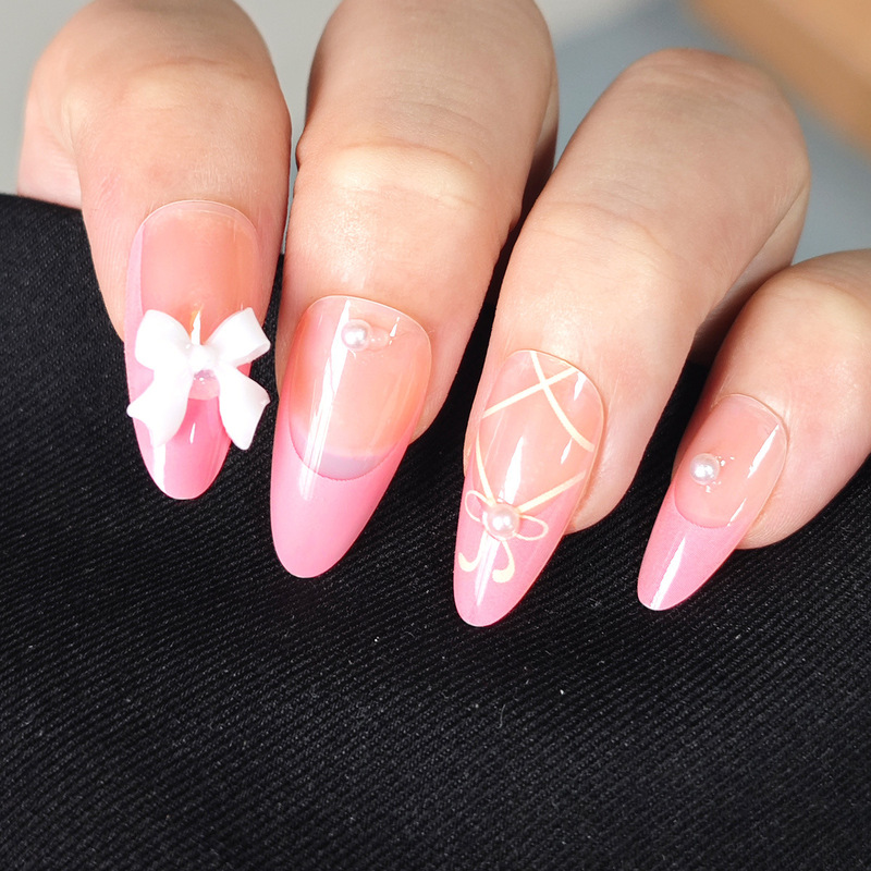 Sweet Pink Bow Nail Art French White Wear Armor European and American Hot Sale Armor Cross-border Armor Wear Armor