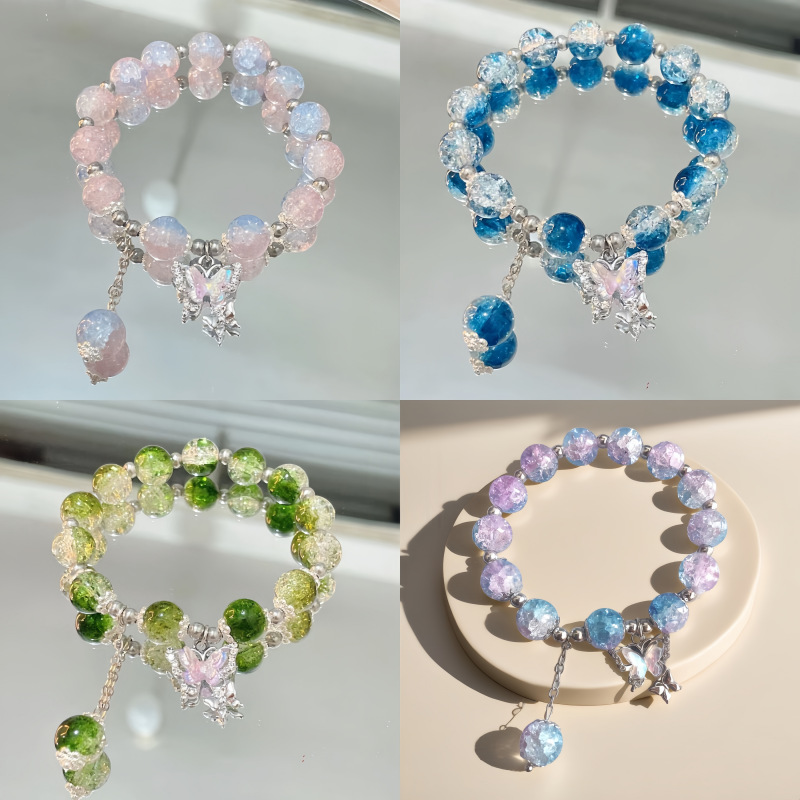 森系蝴蝶琉璃手链手工串珠珠子女生ins风小众闺蜜手串冰裂珠串珠