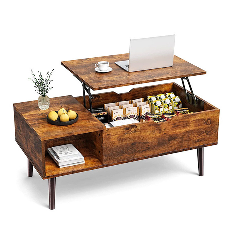 Fábrica directa pequeña casa sala de estar almacenar artículos mesa de té tipo piso elevable de acero mesa de café de madera