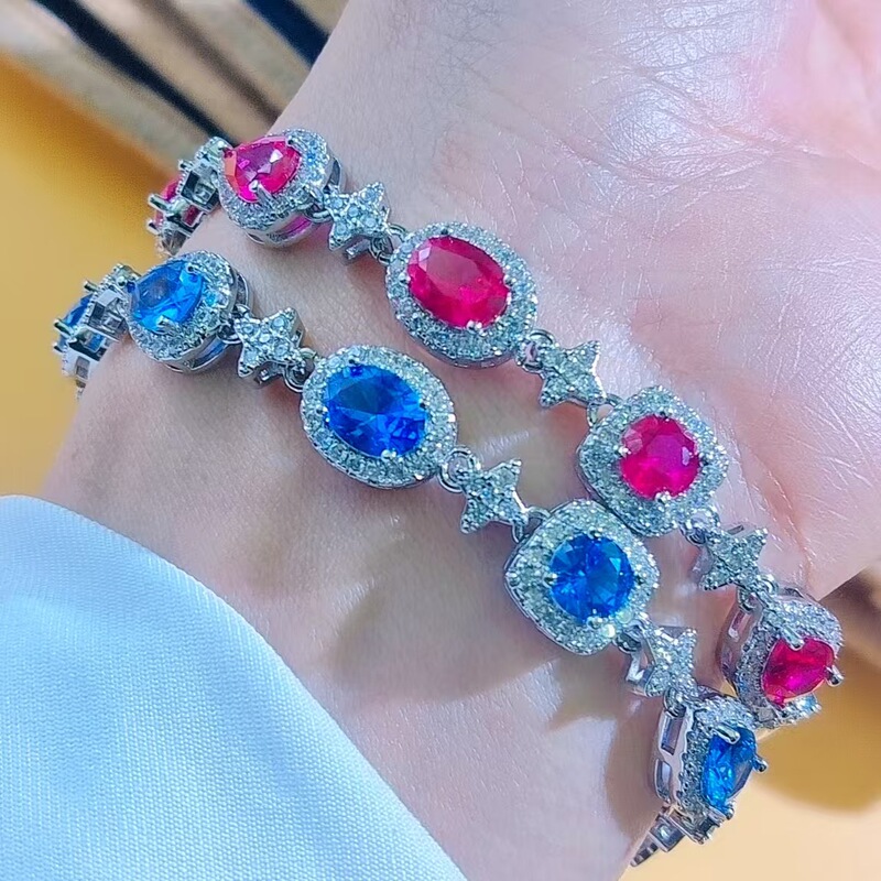 Fashion Jewelry Simulation Natural Sapphire Bracelet Women's Silver Plated Red Corundum with Blue Pointed Crystal All-match Women's Bracelet