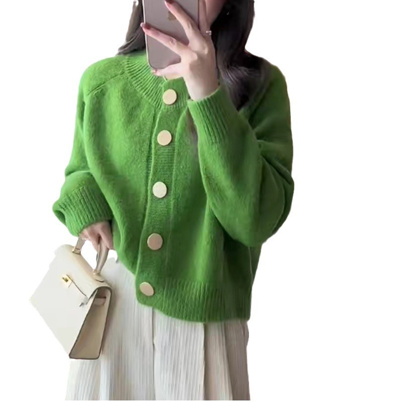 24 invierno Puyuan primavera y otoño nuevo color sólido dulce viento de punto Cardigan chaqueta de cuello redondo inserción