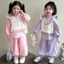 女童刺绣蝴蝶结格子套装2025新款儿童韩版时尚小女孩春秋款两件套