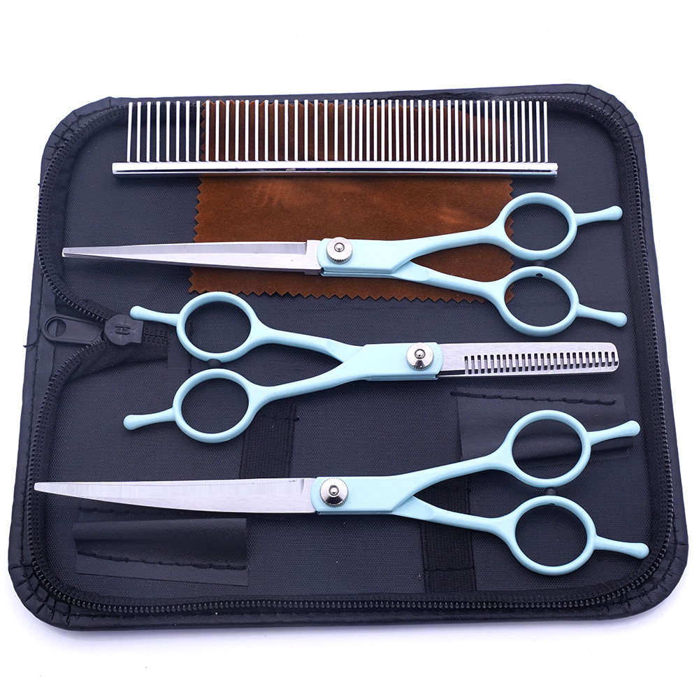 Venta directa de fábrica de tijeras de aseo para mascotas, tijeras de corte de pelo para perros, tijeras de dientes delgadas para gatos, juego de herramientas de corte de peluche