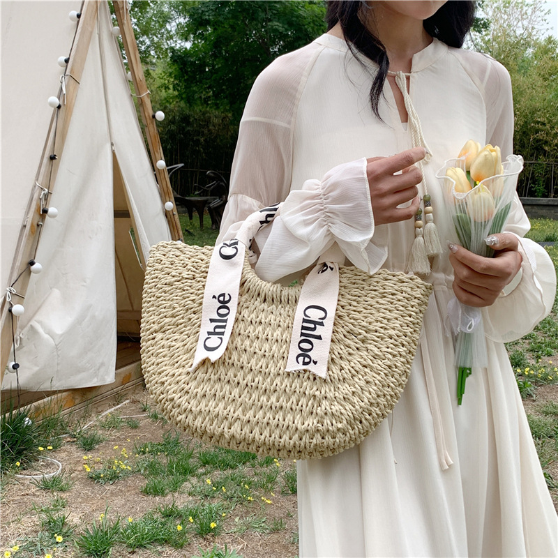 Summer Woven Bag For Women, Niche Design Semi-Circle Straw Bag, Casual Vacation Style Beach Bag, Handbag & Crossbody Bag - Thumbnail 4