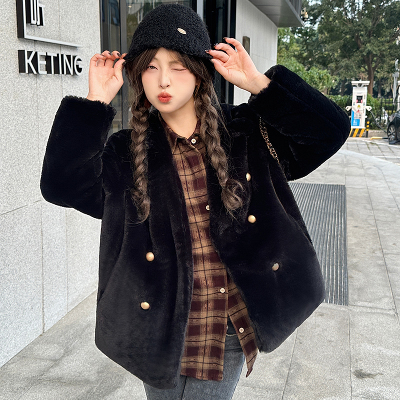 가을 겨울 플러시 코트 여성 캐주얼 v 넥 두꺼운 방한 따뜻한 친환경 모피 코트 더블 브레스트 코튼 코트