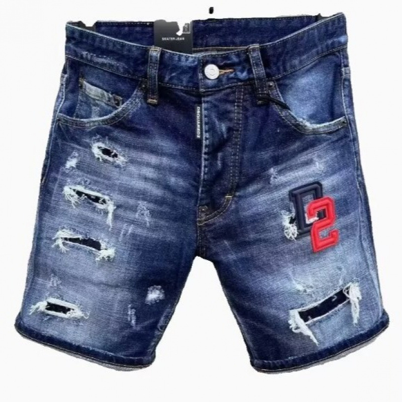 European and American Trendy Brand Summer Ripped Ink Maple Leaf Print Slim Jeans Men's Export Blue Shorts Five-Point Pants