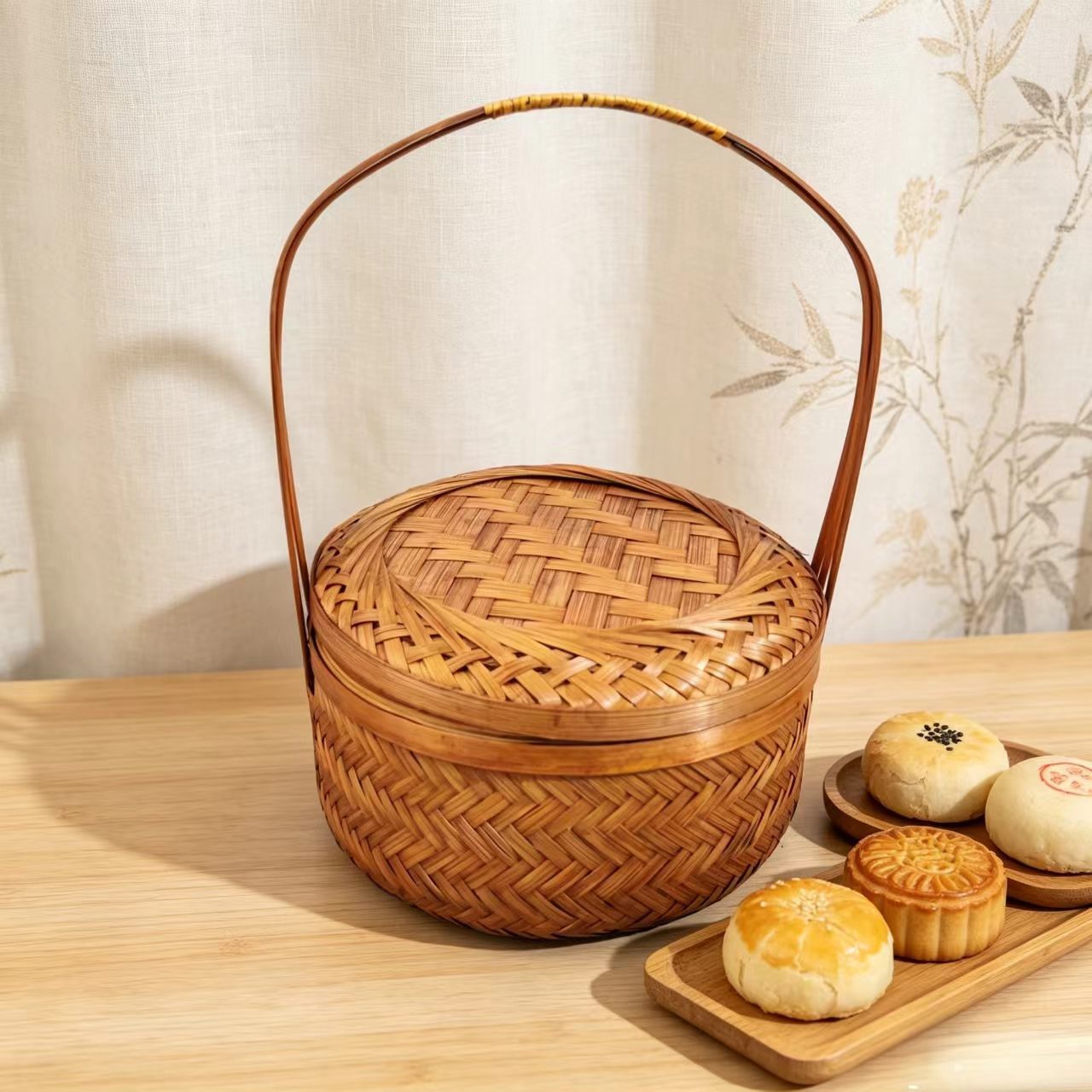 Cesta de Bambú Tejido Grande Redonda con Tapa para Regalos y Hogar