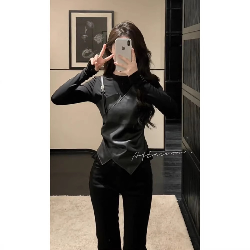 Pu Leather Patchwork Faux Two-Piece Design Long-Sleeve T-Shirt for Women, Autumn and Winter Slim-Fit Fashion Base Shirt Top + Pants Set Pu Leather Patchwork Faux Two-Piece Design Long-Sleeve T-Shirt for Women, Autumn and Winter Slim-Fit Fashion Base Shirt Top + Pants Set