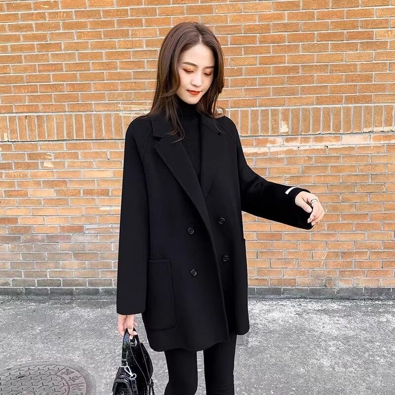 Plus-size women's black slimming woolen blazer, 2025 spring and autumn new double-sided woolen coat trench coat