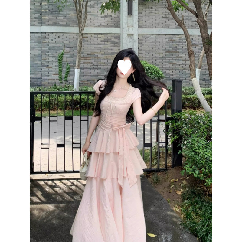 2026 French-Style Square-Neck Bowknot Cake Princess Dress in Pink, Elegant Waist-Cinching Pleated Beach Vacation Dress