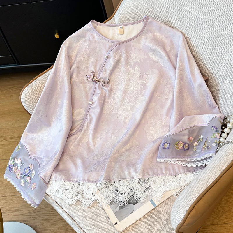 实拍新中式东方汉服圆领斜襟盘扣重工提花刺绣蕾丝边长袖改良上衣