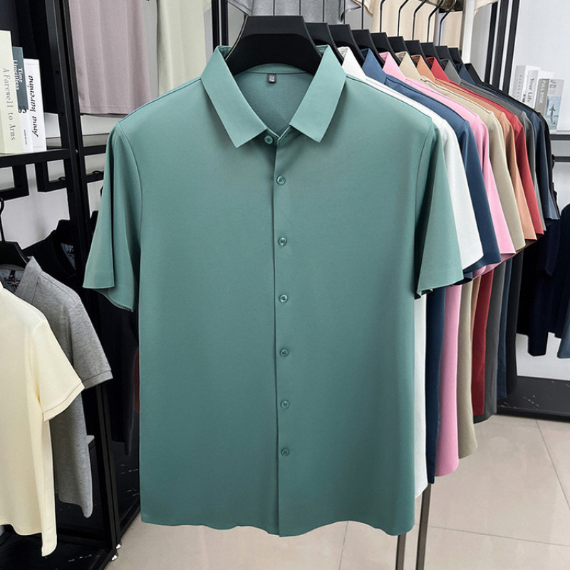 Camisa de manga corta para hombre 2025 verano blusa delgada media manga casual de seda de hielo sin costuras para hombre camisa de lino de seda de morera