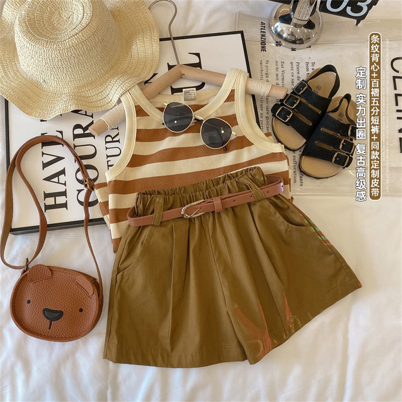 Girls Korean Style Fashionable Western Style suit 2025 Summer Thin Children's Striped Camisole Shorts Two-piece Set