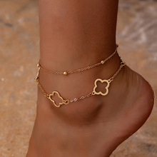 欧美跨境新款流行镂空四叶草双层叠带脚链气质优雅百搭饰品批发