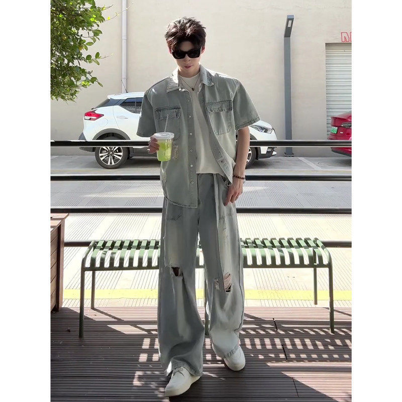 Washed Blue Short-Sleeved Denim Shirt, Men's American-Style Ripped Straight-Leg Denim Pants Set, Cool and Stylish Outfit