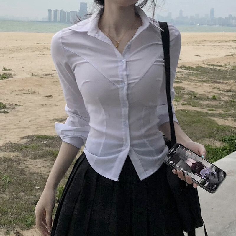 Color Goddess 2026 V-Neck Slim-Fit Waist-Cinching Ol Shirt Sexy Spicy Girl Jk Low-Cut Blouse Tight-Fitting Top Women's Clothing