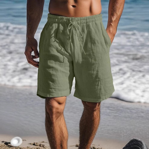 2025 Cross-border New Cotton Linen Drawstring Relaxed Waist Solid Color Breathable Daily Beach Five-Finger Casual Middle Pants