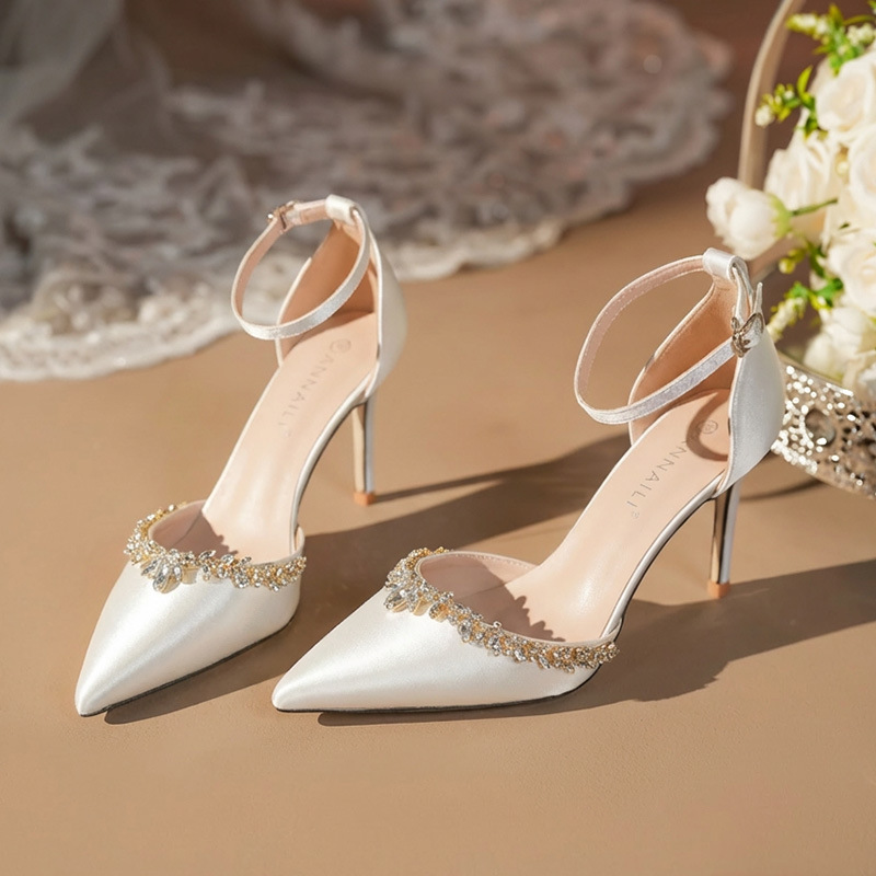 Women's Satin High Heels Sandals Single Buckle Strap Pointed Toe With Rhinestone Chain Hollow Sole Wedding Shoes New Style Summer_voghion.com
