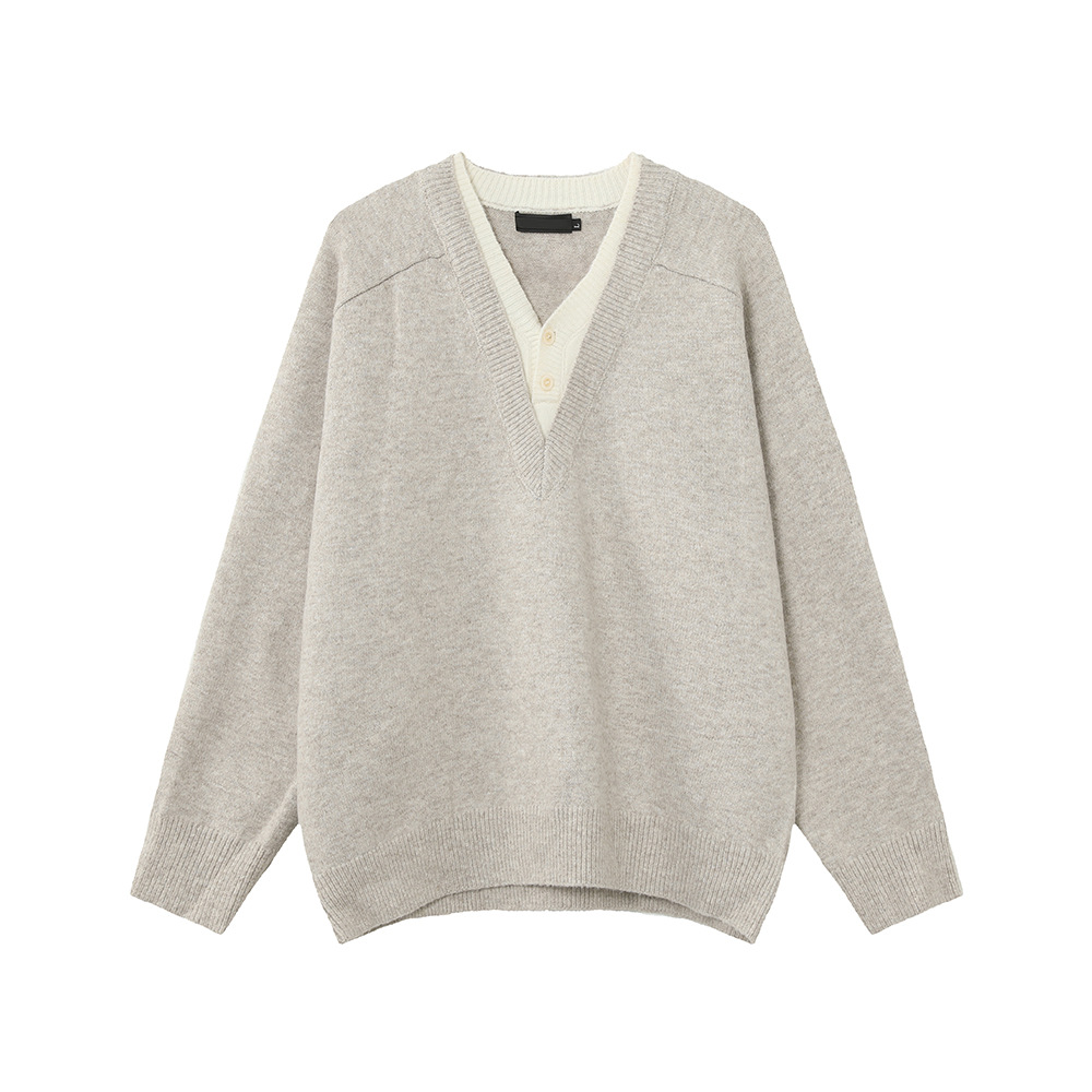 MTLCLOTHES Hombres| Viento perezoso V-collar falso dos piezas de moda de lana mezcla de punto suéter suelto de moda