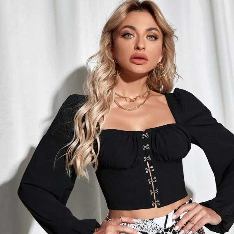 Весенняя трикотажная булавка, лонгслив, короткая рубашка, европейский стиль, облегающий крой, рукава фонарики, квадратный вырез