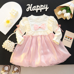 女童裙子中小童甜美洋氣圓領花邊蝴蝶結拼接長袖洋氣公主連衣裙