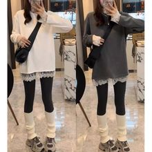 叠穿蕾丝假两件长袖T恤女2025秋冬大码胖mm中长款宽松内搭打底衫