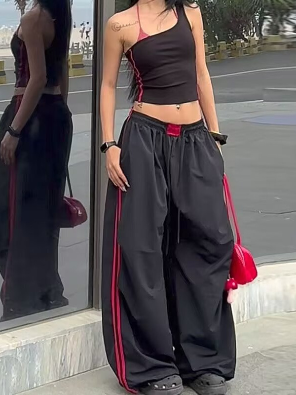 美式撞色条纹松紧腰休闲裤女春秋新款垂感运动伞兵裤显瘦阔腿裤子|undefined
