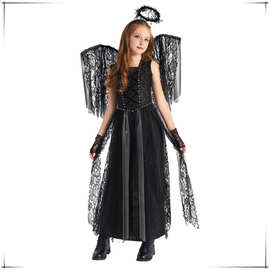 万圣节新款儿童演出服 女童cosplay吸血鬼黑天使精灵服舞台演出服