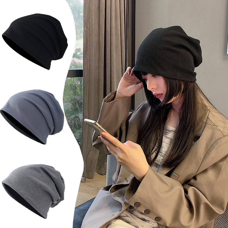 Women's Spring and Autumn Beanie Hat, Versatile Knit Hat, Waffle Pattern Pullover Hat, In-Stock Korean Style Hat That Makes the Face Look Smaller