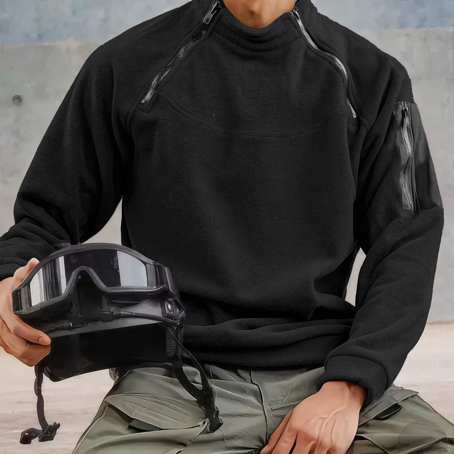 Men's Winter Stand Collar Fleece-Lined Thickened Hoodie Double Zipper Design Trendy Workwear Sweatshirt_voghion.com