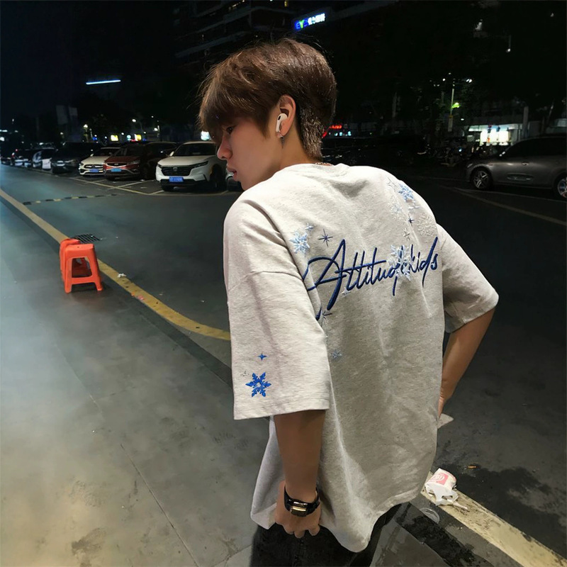 2026 New White-Gray Snowflake Embroidered Short-Sleeved T-Shirt Men's Summer Heavyweight Couple's Wear Loose High-End Top