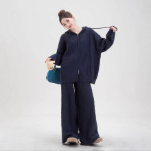 女装外套【原创设计】麻花毛衣两件套新品宽松连帽针织套装直筒裤