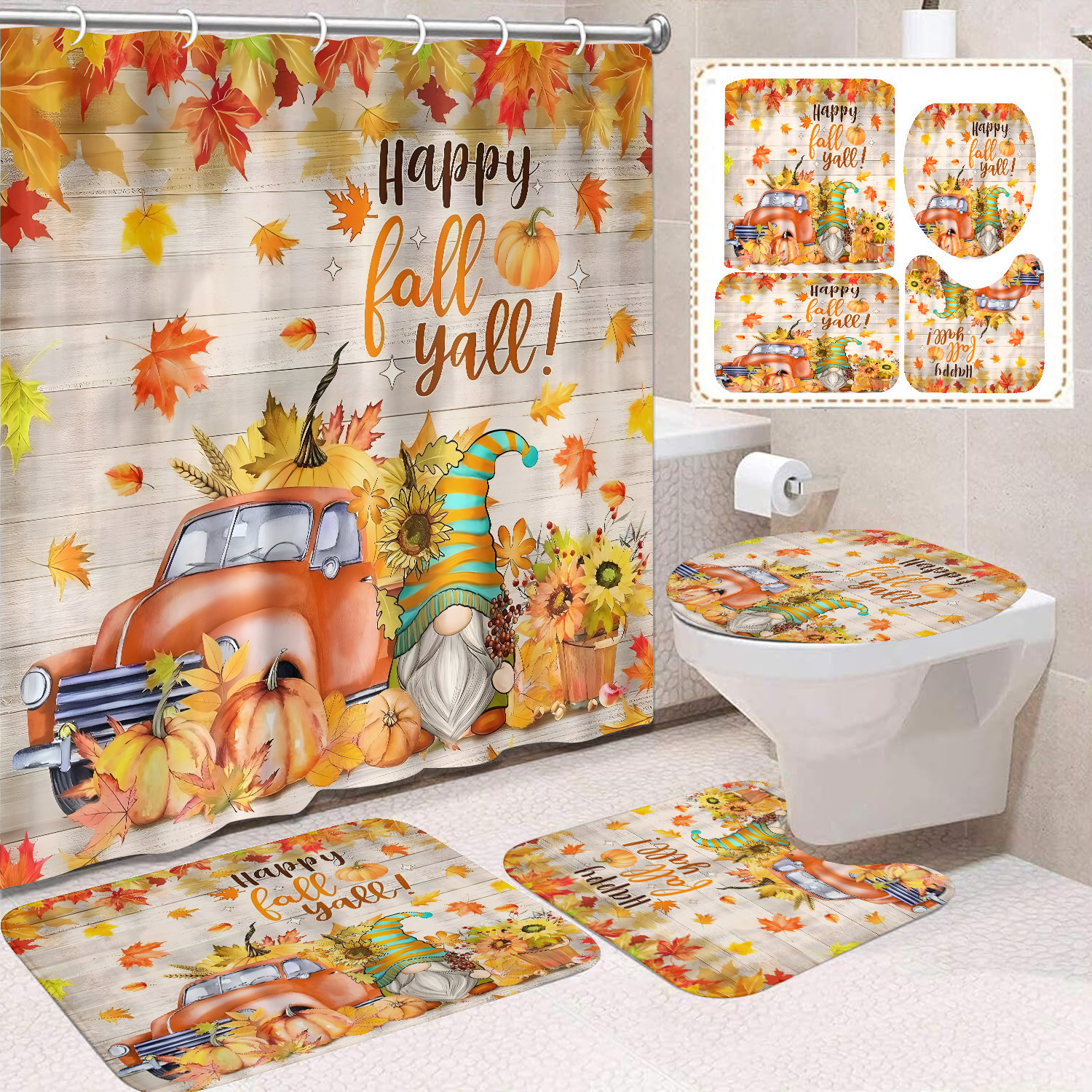 Cortina de ducha de Acción de Gracias, cosecha de otoño, serie de calabaza, cortina de ducha, cortina de baño, cortina de baño impermeable de poliéster, cortina de baño de cuatro piezas image 16