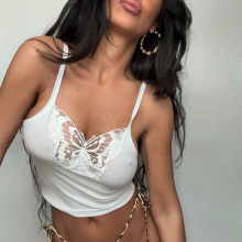 现货新款欧美风女装吊带背心拼接蝴蝶网纱超短款露脐性感辣妹批发