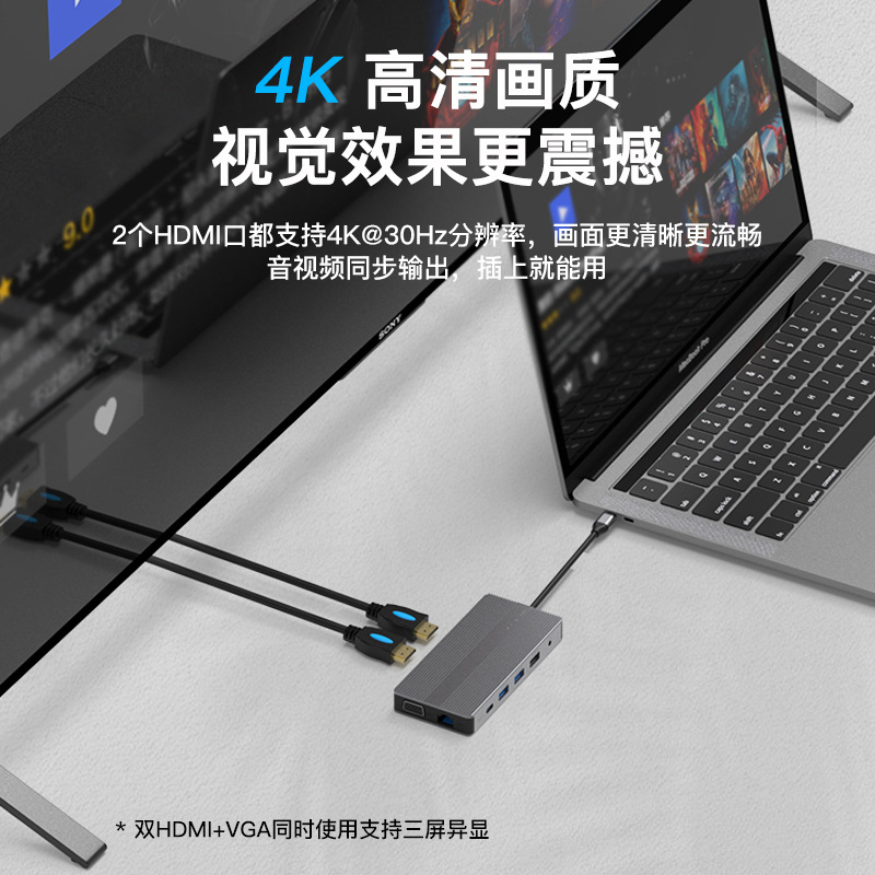 跨境HDMI/DP/VGA多口type-c擴展塢千兆網口USB分線器筆記本拓展塢