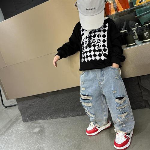 Children's 2024 Spring New Style Straight Leg Jeans for Small Children and Babies, Distressed Style Cool Streetwear Hipster Pants 031