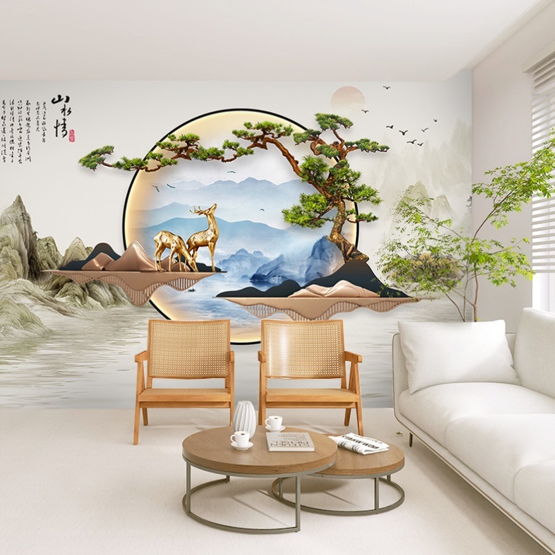8d新中式风格客厅电视背景墙布5d迎客松山水浮雕壁画卧室茶室壁纸