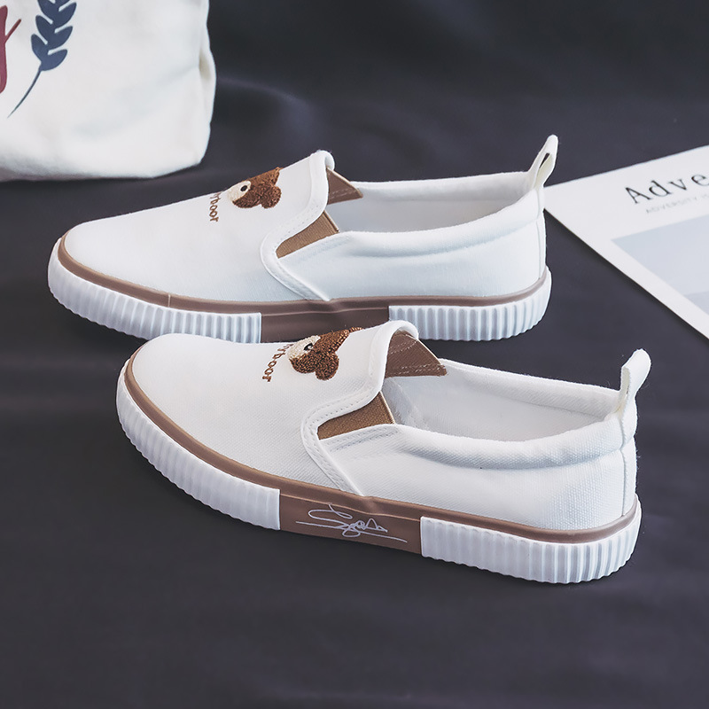 Práctica de trabajo de la parte baja de la banda elástica slip-on zapatos de mujer todos los partidos transpirable slip-on oso negro zapatos de lona
