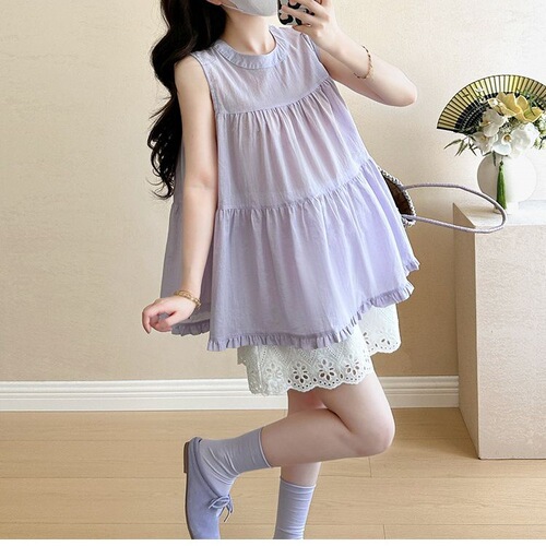 Korean-style sweet 2026 summer new Korean-designed ruffled hem sleeveless loose-fit figure-flattering all-match round neckline.