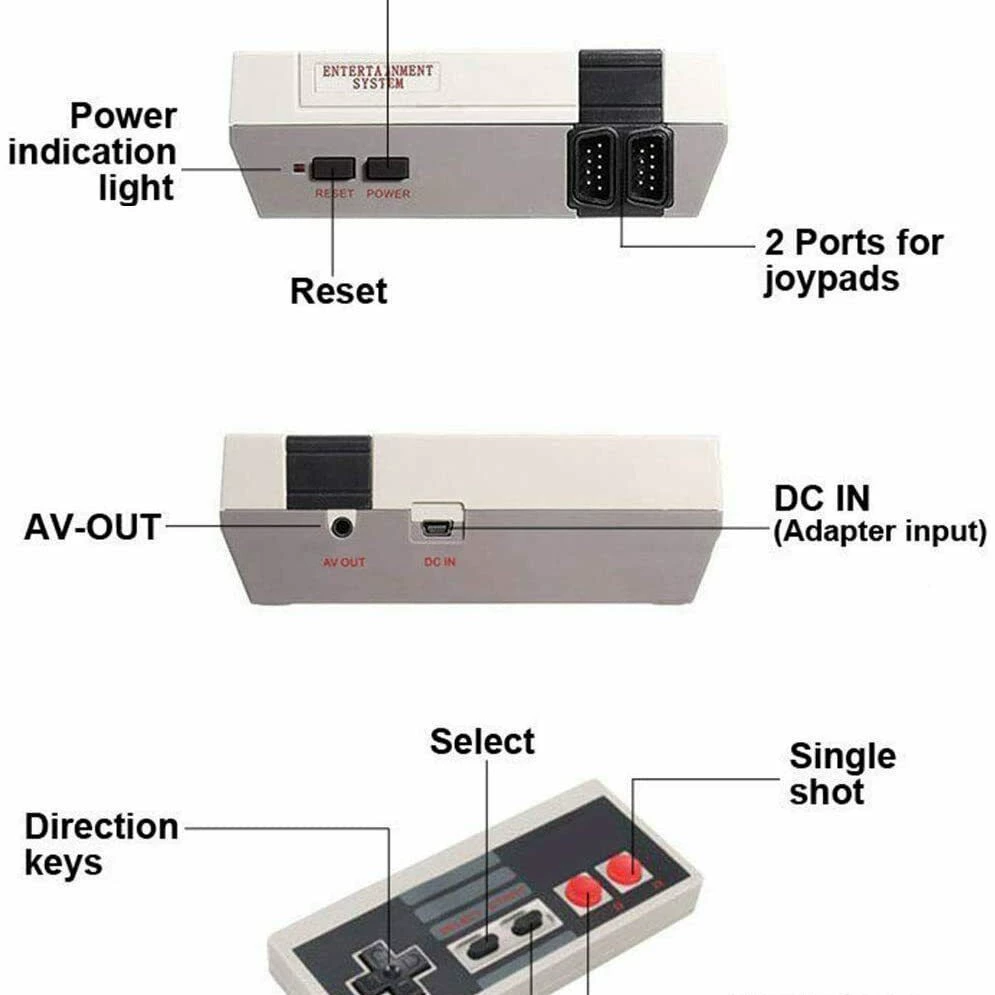 Retro NES mini game console, 8‑bit, 620 built‑in games, AV out, 2 wired controllers, regional power