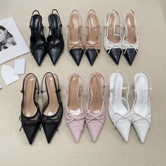 中古法式新款蝴蝶结包头凉鞋女尖头细跟后绊带小香风拼色高跟鞋女