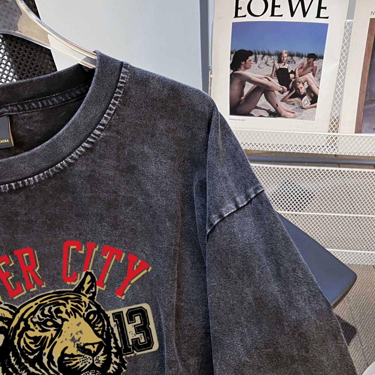 Brand Washed Distressed Loose O neck Short Sweater Niche Washed Vintage Pure Cotton Long T Shirt Trendy