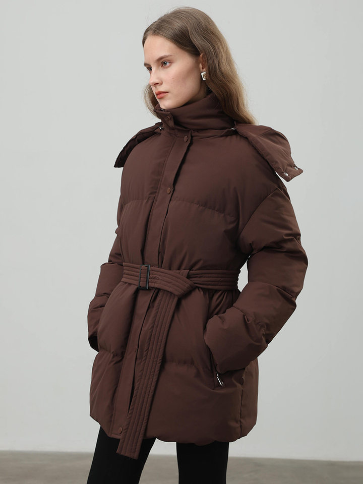 Áo khoác bông nữ có mũ, khóa kéo, thắt eo dáng ôm, dài trung bình, chất liệu polyester dày — màu nâu, màu đen, quả mơ chi tiết 40