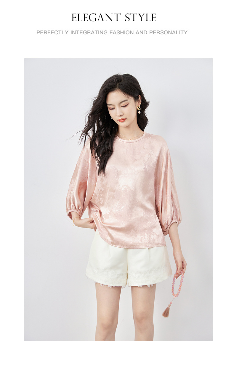 Áo sơ mi nữ dáng rộng chất liệu lụa nhân tạo hoa văn nổi — Màu hồng chi tiết 11