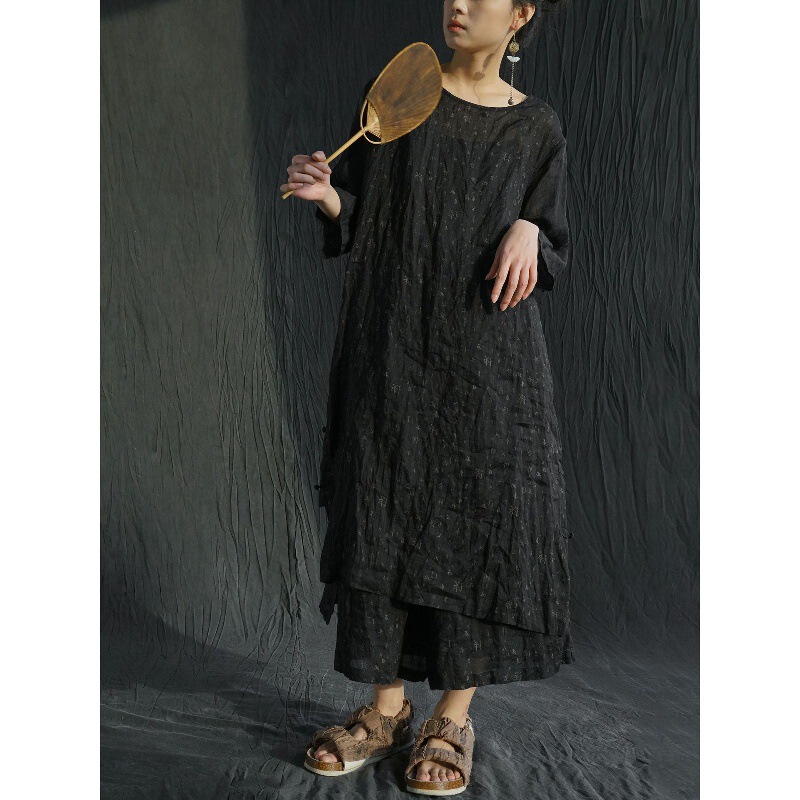 Original Design Intellectual Spring and Summer Long Robe with Chinese Character Print, Chinese Style Personalized Loose-Fitting Dress L24077 Original Design Intellectual Spring and Summer Long Robe with Chinese Character Print, Chinese Style Personalized Loose-Fitting Dress L24077