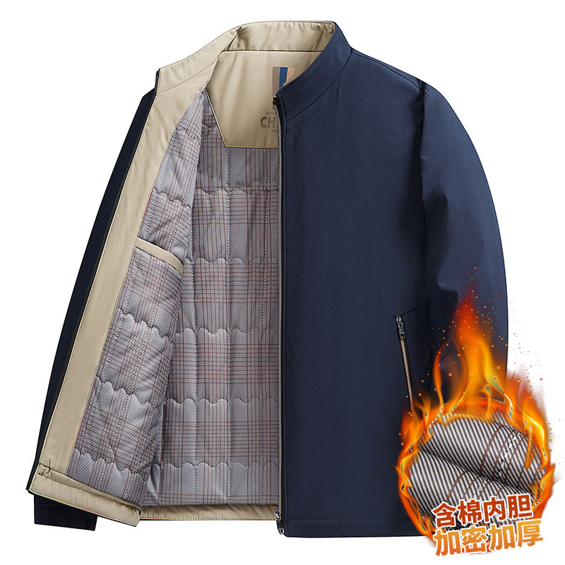 2025 Winter Business Casual Middle-Aged Men's Dad Style Jacket with Stand Collar, Fleece Lining, Thickened and Warm Cotton Coat for Men