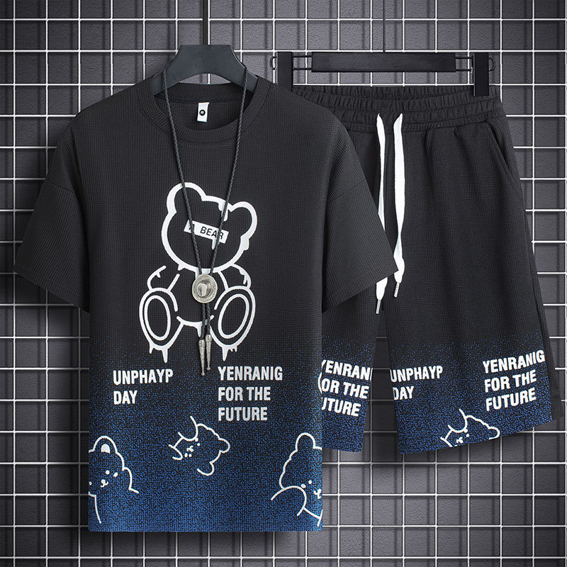 Waffles T-shirt Men's Summer Set ins Trendy Loose Short-sleeved Shorts with a Set of Ice Silk Sports Basketball Suit Waffles T-shirt Men's Summer Set ins Trendy Loose Short-sleeved Shorts with a Set of Ice Silk Sports Basketball Suit