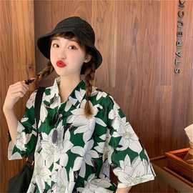 短袖花衬衫女复古港味夏季宽松薄款夏威夷沙滩碎花防晒衬衣