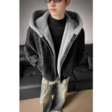 潮牌新款冬季加绒棉服 绒内里连帽座山雕pu皮皮毛毛领棉衣 外套男